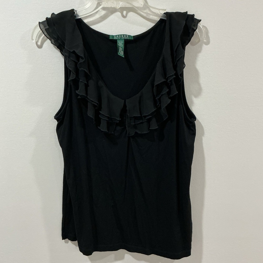 Vtg Lauren Ralph Lauren Sleeveless Blouse Women's XL Black Ruffle Neck Boho Top